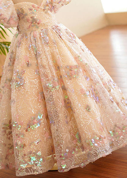 Style O-Neck Wrinkled Tulle Kids Long Dress Puff Sleeve YS004