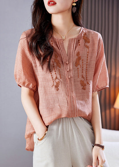 Linen Summer Style Top Shirt Embroidered Pink