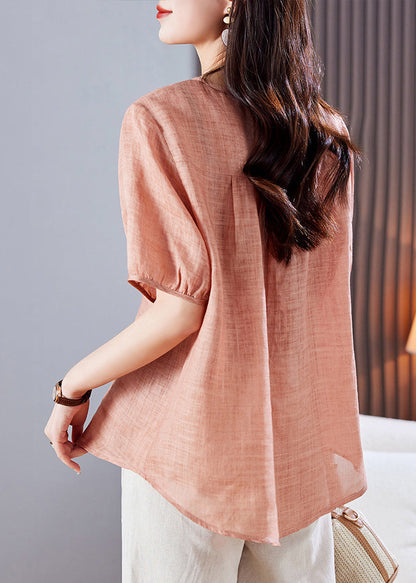 Linen Summer Style Top Shirt Embroidered Pink