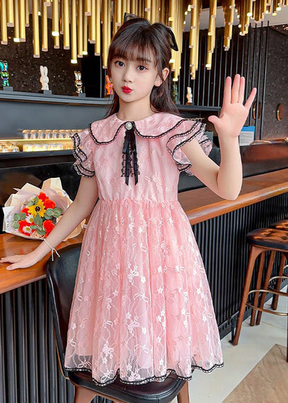 Style Pink O-Neck Bow Patchwork Tulle Kids Maxi Gowns Dress Summer XZ003