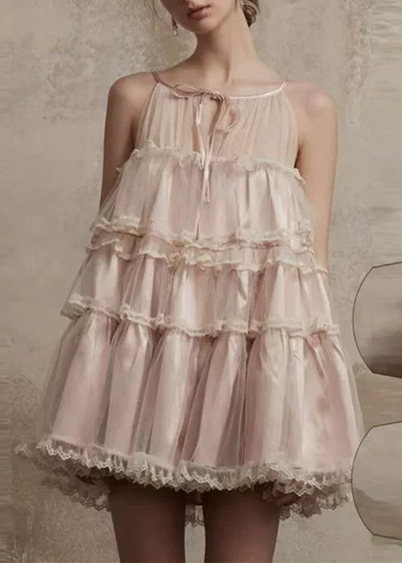 Summer Style Lace Mid Tulle Dress Ruffled Pink O-Neck Patchwork