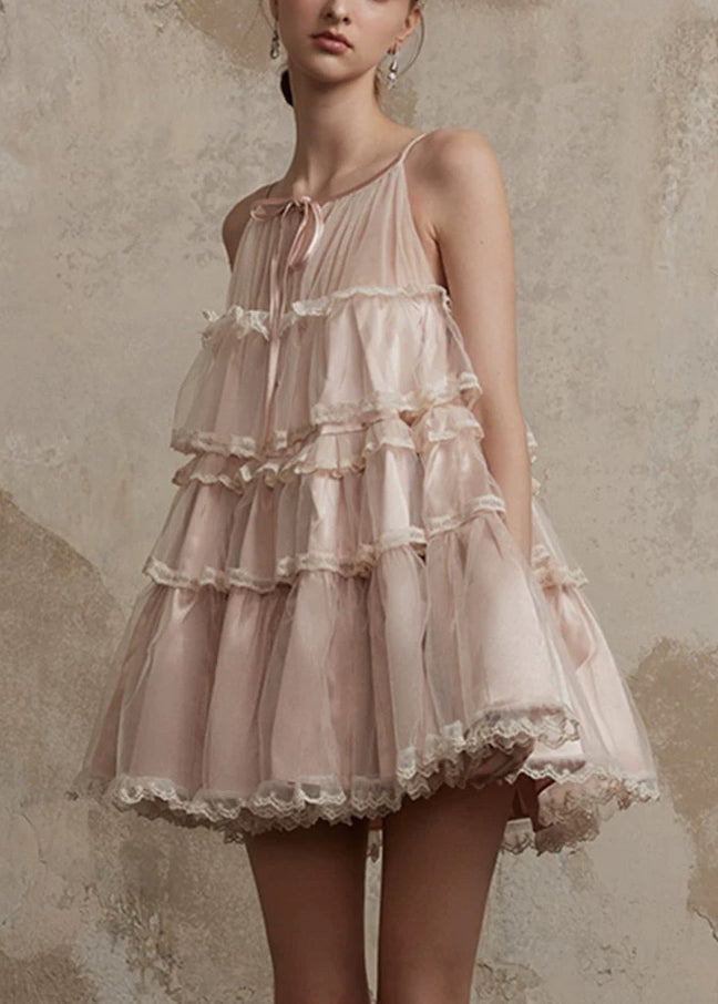 Summer Style Lace Mid Tulle Dress Ruffled Pink O-Neck Patchwork