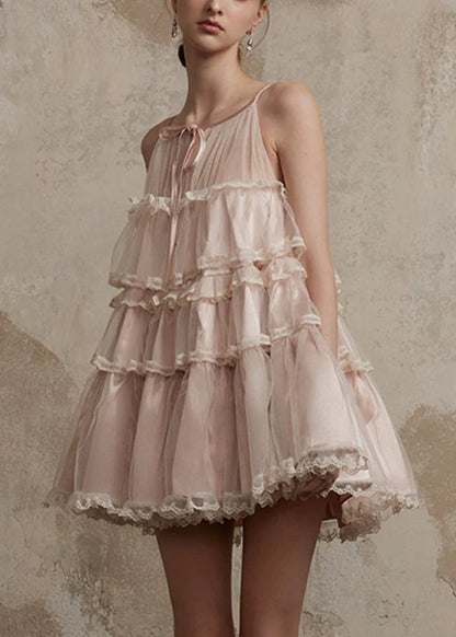 Summer Style Lace Mid Tulle Dress Ruffled Pink O-Neck Patchwork