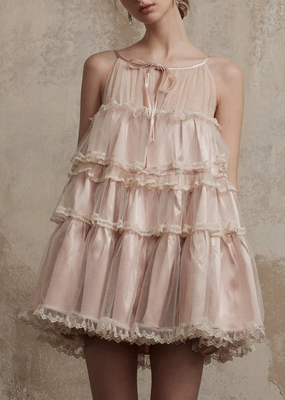 Summer Style Lace Mid Tulle Dress Ruffled Pink O-Neck Patchwork