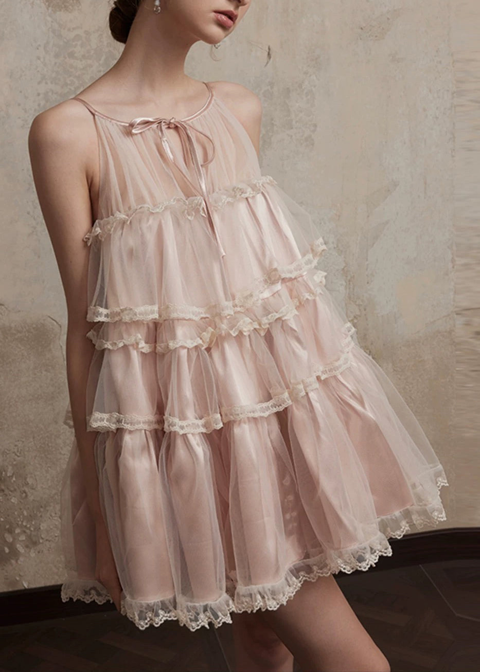 Summer Style Lace Mid Tulle Dress Ruffled Pink O-Neck Patchwork