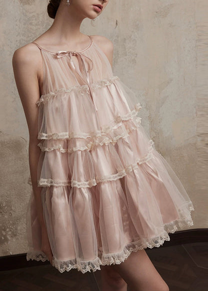 Summer Style Lace Mid Tulle Dress Ruffled Pink O-Neck Patchwork