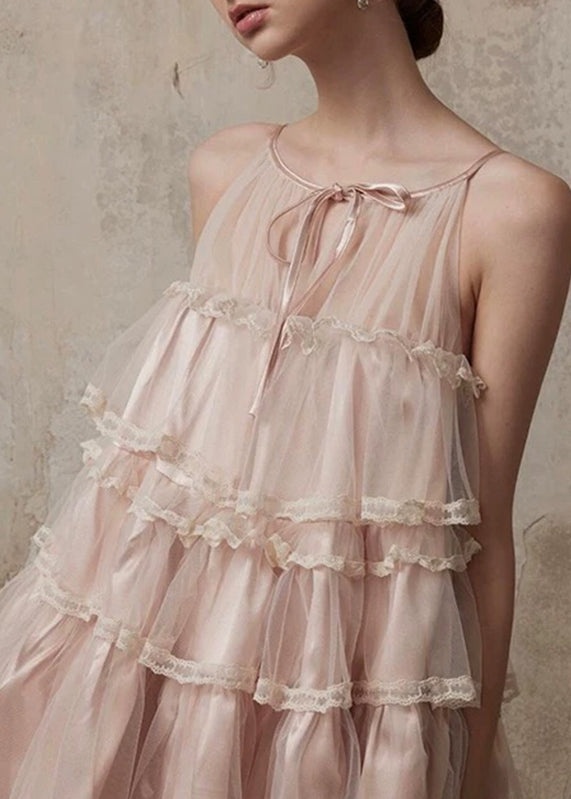 Summer Style Lace Mid Tulle Dress Ruffled Pink O-Neck Patchwork
