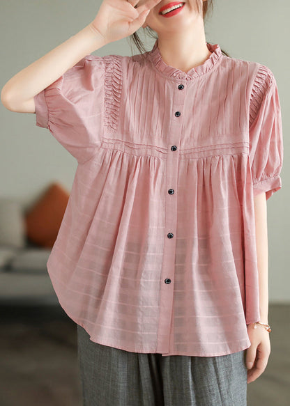 Style Summer Wrinkled Shirt Cotton Pink Ruffled