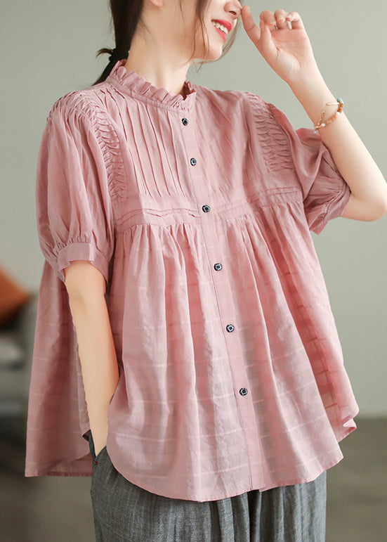 Style Summer Wrinkled Shirt Cotton Pink Ruffled