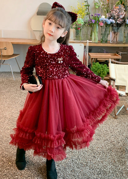 Style Long Spring Patchwork Girls Dresses Nail Red Bead Tulle