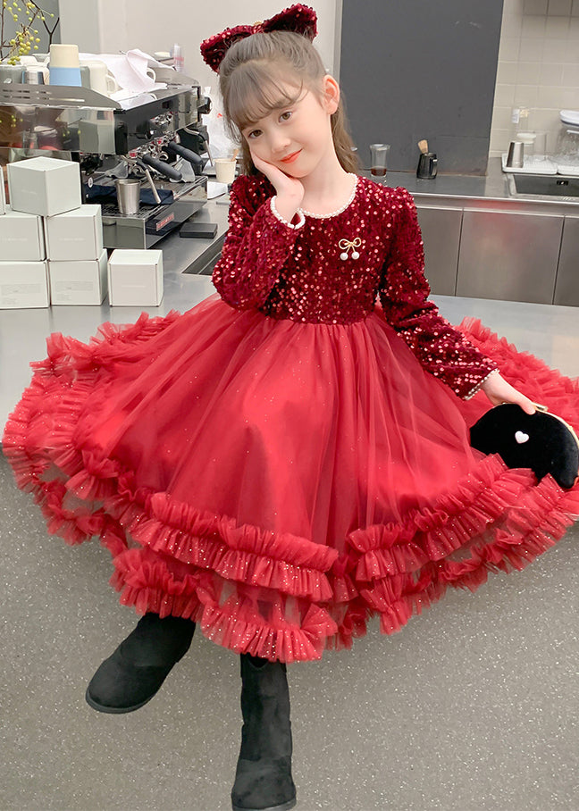 Style Long Spring Patchwork Girls Dresses Nail Red Bead Tulle