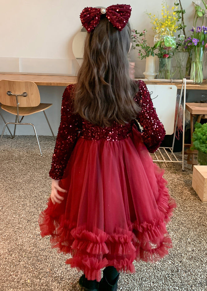 Style Long Spring Patchwork Girls Dresses Nail Red Bead Tulle