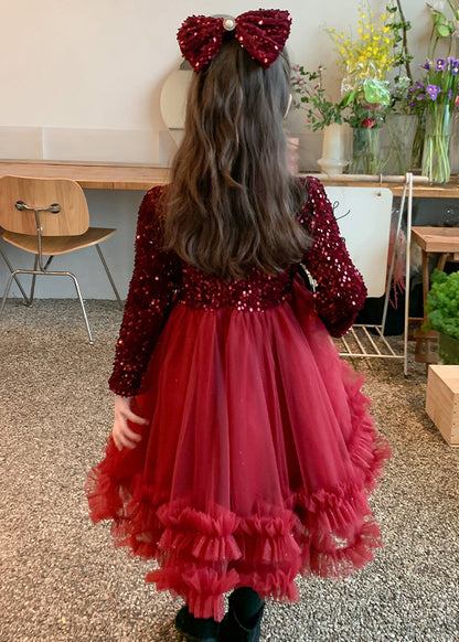 Style Long Spring Patchwork Girls Dresses Nail Red Bead Tulle