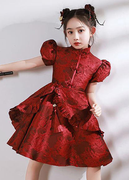 Stand Style Asymmetrical Maxi Kids Red Ruffled Collar Dresses