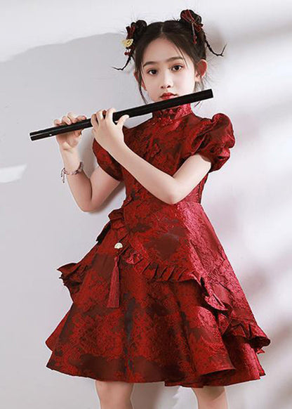 Stand Style Asymmetrical Maxi Kids Red Ruffled Collar Dresses