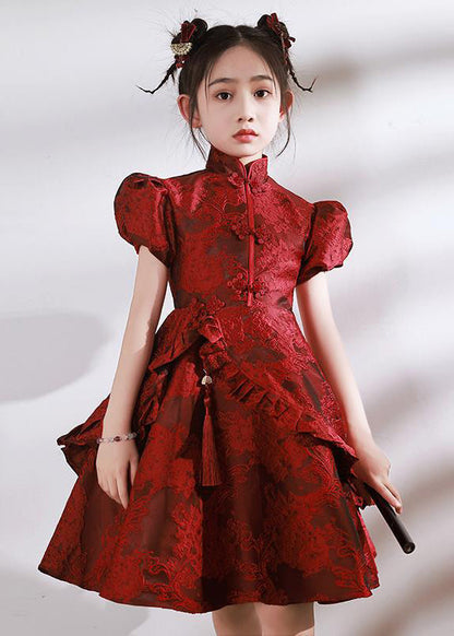 Stand Style Asymmetrical Maxi Kids Red Ruffled Collar Dresses