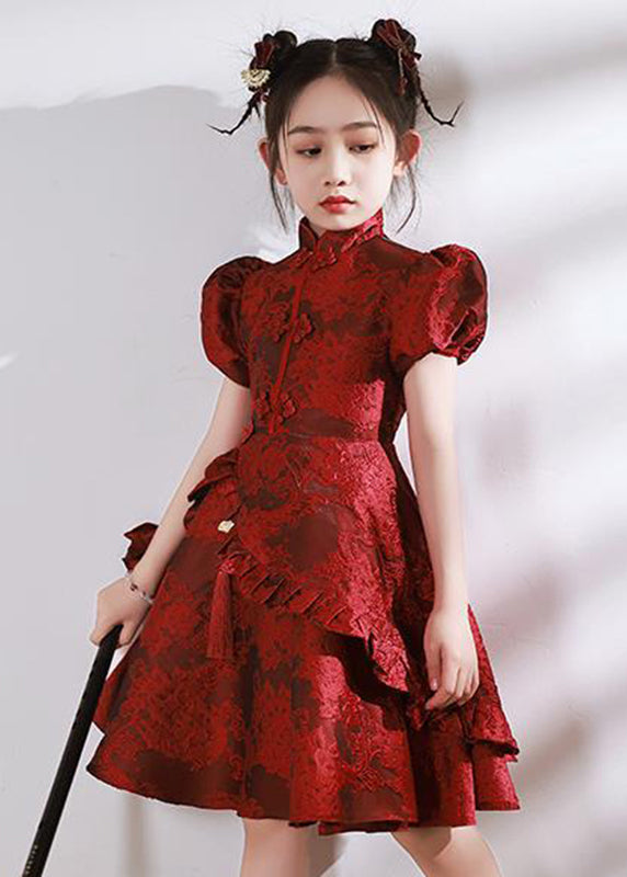 Stand Style Asymmetrical Maxi Kids Red Ruffled Collar Dresses