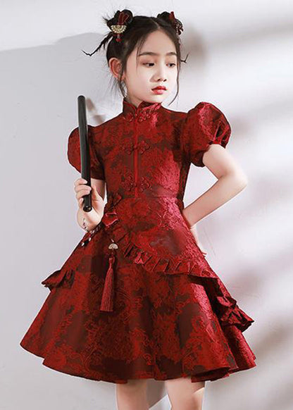 Stand Style Asymmetrical Maxi Kids Red Ruffled Collar Dresses