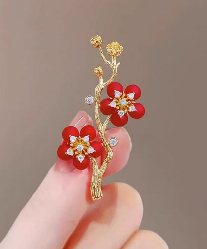 Style Red Sterling Silver Overgild Zircon Plum Blossom Brooch ET022