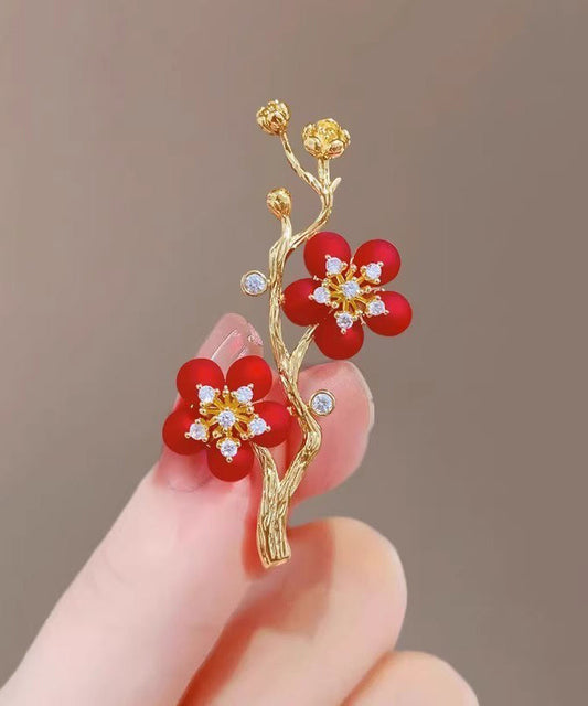 Style Red Sterling Silver Overgild Zircon Plum Blossom Brooch ET022
