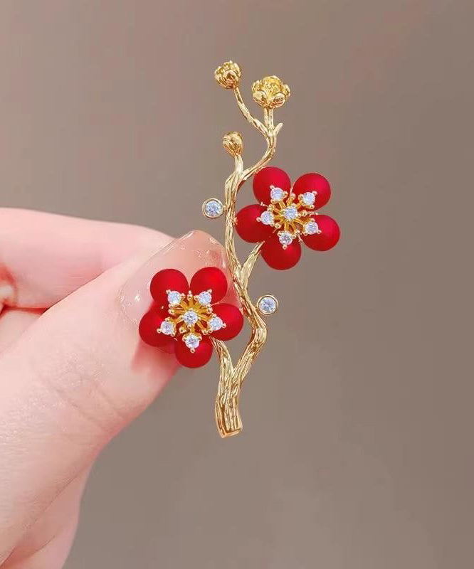 Style Red Sterling Silver Overgild Zircon Plum Blossom Brooch ET022