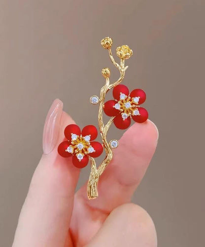 Style Red Sterling Silver Overgild Zircon Plum Blossom Brooch ET022