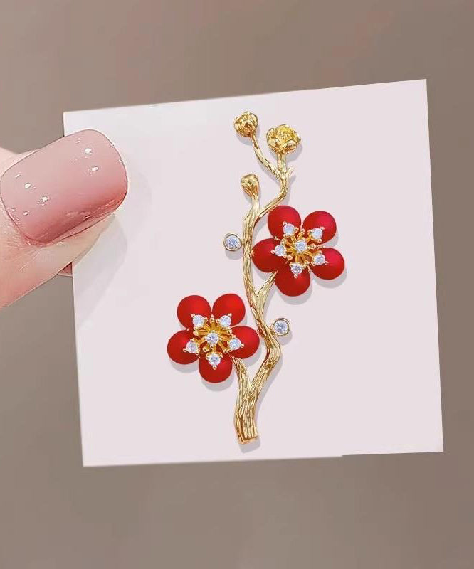 Style Red Sterling Silver Overgild Zircon Plum Blossom Brooch ET022