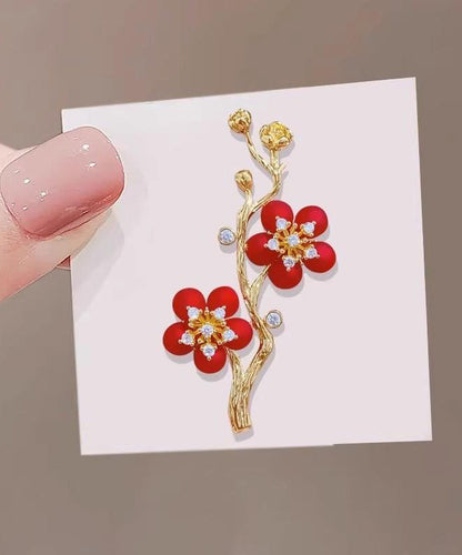Style Red Sterling Silver Overgild Zircon Plum Blossom Brooch ET022