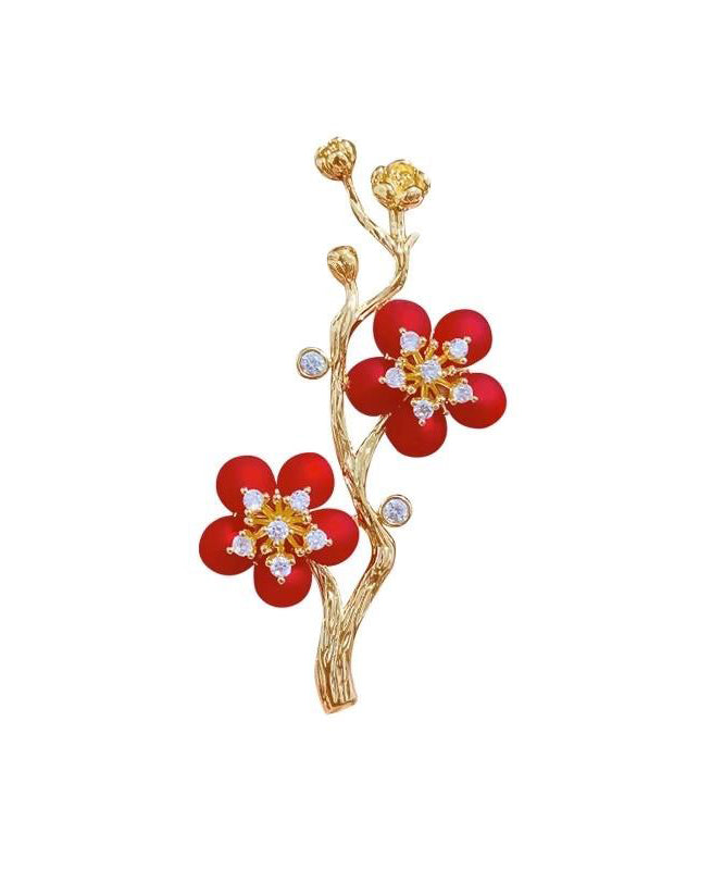 Style Red Sterling Silver Overgild Zircon Plum Blossom Brooch ET022