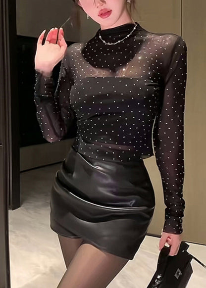 Style Sexy Black Half High Neck Zircon Tulle Top Fall AL1074