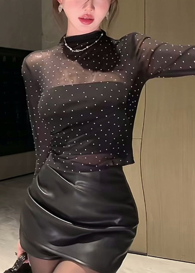 Style Sexy Black Half High Neck Zircon Tulle Top Fall AL1074