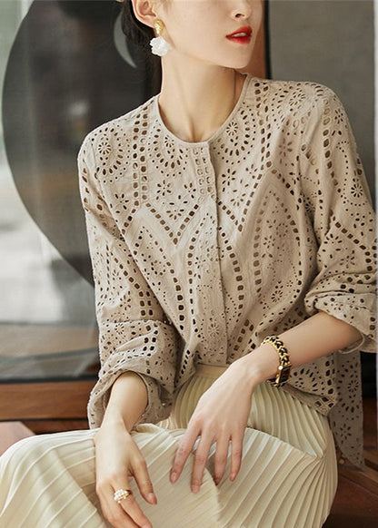 Style Top Out Green Tea Embroidered Fall Cotton Hollow