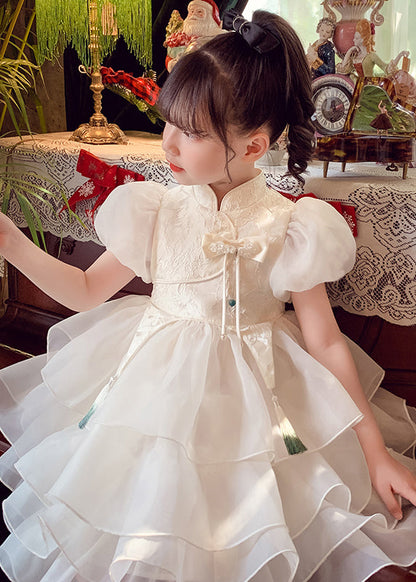 Button Maxi Tassel Style Dress Kids Tulle White Summer