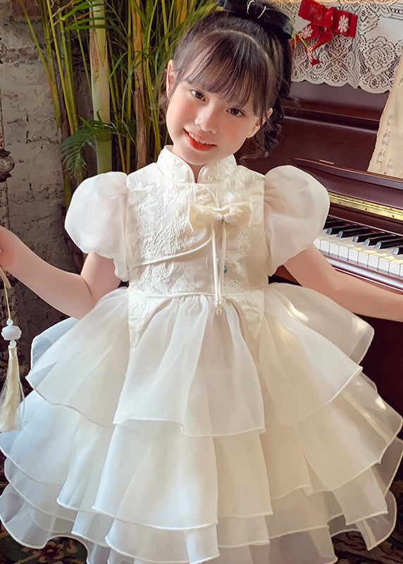 Button Maxi Tassel Style Dress Kids Tulle White Summer