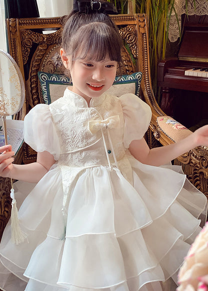 Button Maxi Tassel Style Dress Kids Tulle White Summer