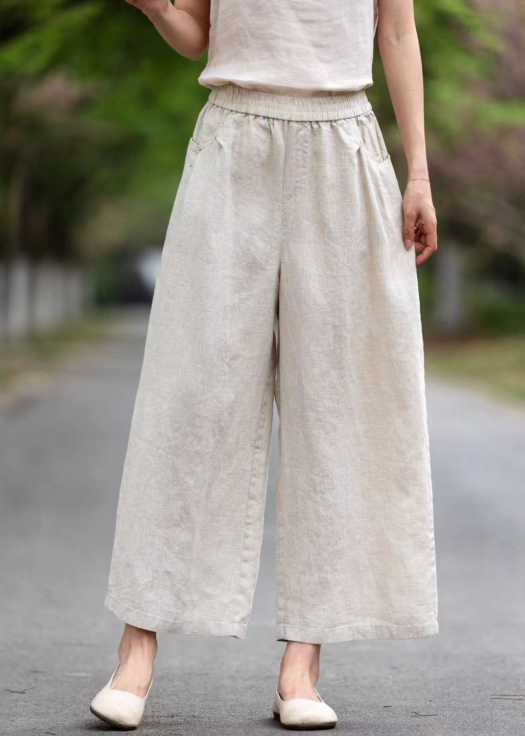 Oversized Summer Pants Pockets Wide White Style Leg Linen
