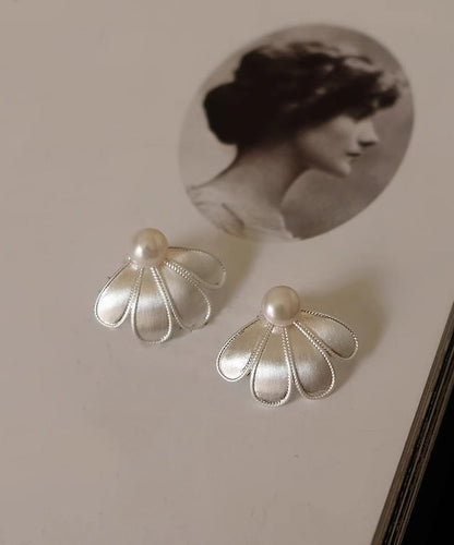 White Stud Sterling Earrings Pearl Silver Style Petal