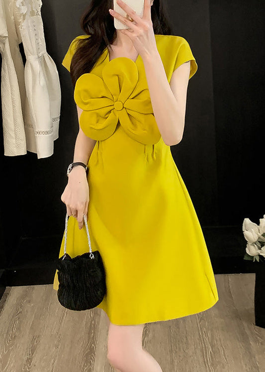 Floral Neck Style Cotton Dress Summer O Yellow Decorated