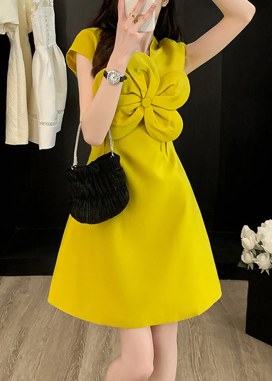 Floral Neck Style Cotton Dress Summer O Yellow Decorated