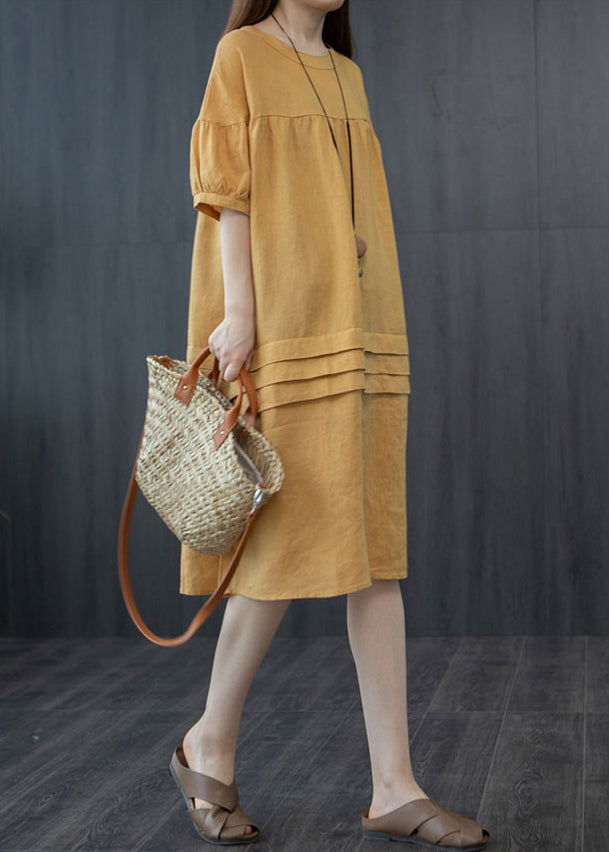 Mid Summer Patchwork Yellow Dress Wrinkled Style Oversized