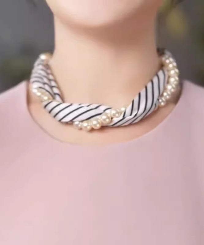 Style Yellow Silk Print Pearl Silk Scarf Choker YU010