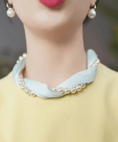 Style Yellow Silk Print Pearl Silk Scarf Choker YU010