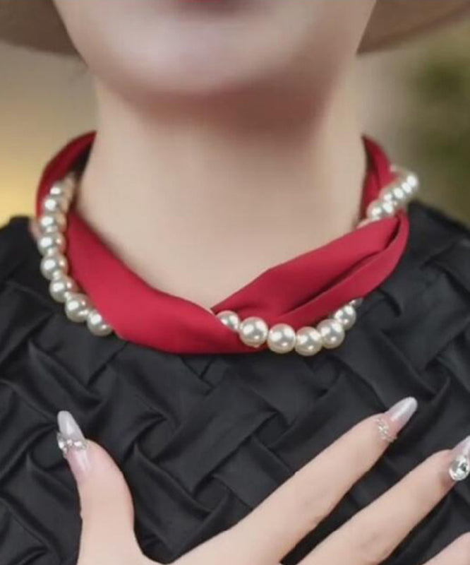 Style Yellow Silk Print Pearl Silk Scarf Choker YU010