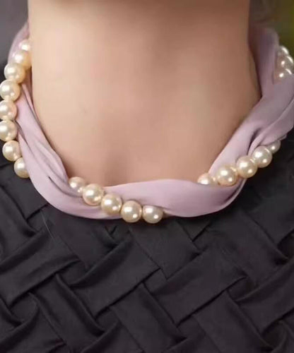 Style Yellow Silk Print Pearl Silk Scarf Choker YU010