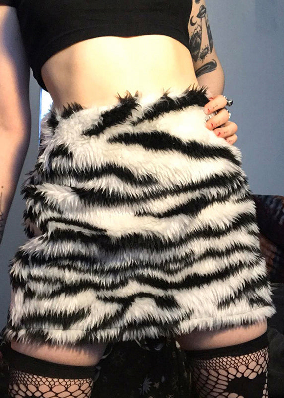 Style Zebra Pattern Black High Waist Faux Fur Skirt Spring TN021