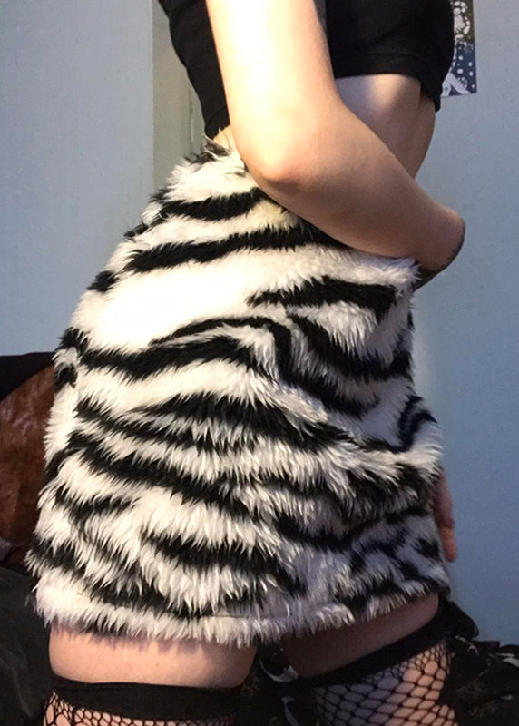 Style Zebra Pattern Black High Waist Faux Fur Skirt Spring TN021