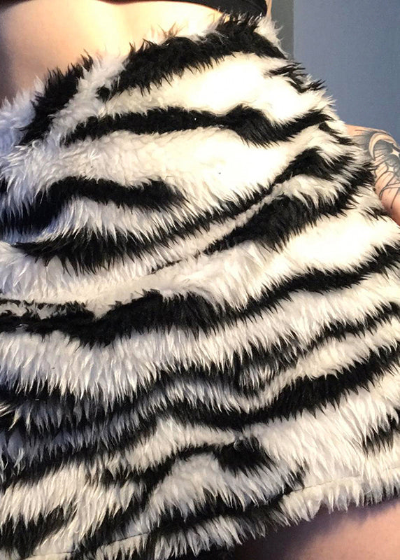 Style Zebra Pattern Black High Waist Faux Fur Skirt Spring TN021