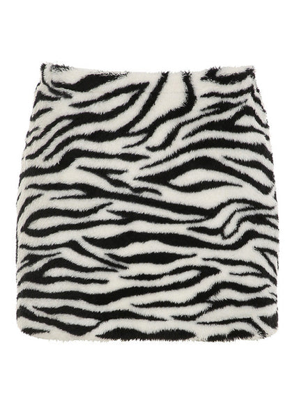 Style Zebra Pattern Black High Waist Faux Fur Skirt Spring TN021
