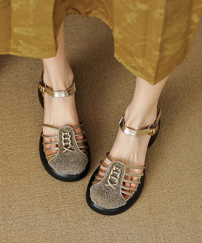 Hollow Stylish Apricot Out Chunky Heel Sandals Splicing