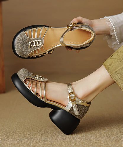 Hollow Stylish Apricot Out Chunky Heel Sandals Splicing